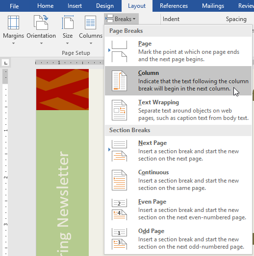 Center column text. Divide into columns in Word.