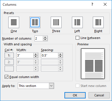 how do you move from column to column in word