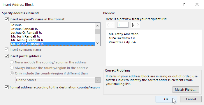 putting addresses in word for labels