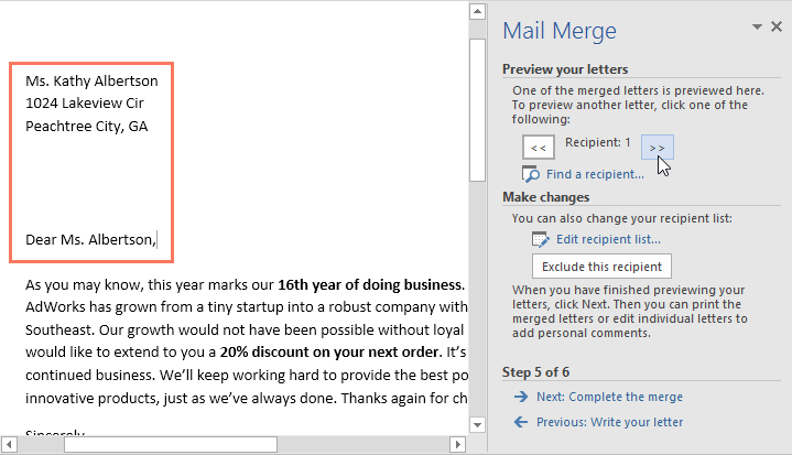 Word 2016 Mail Merge