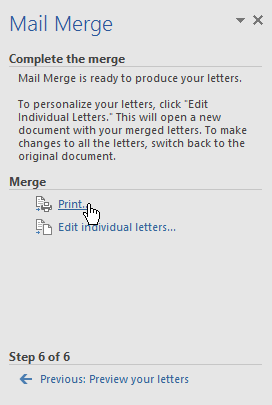 mengklik perintah Print pada panel Mail Merge