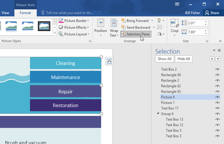 opening the Selection pane