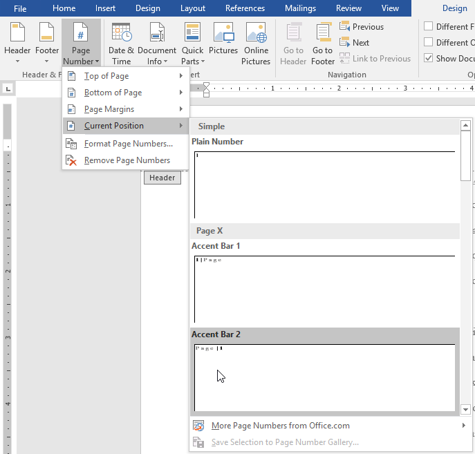 do custom page numbers in word for mac 2016