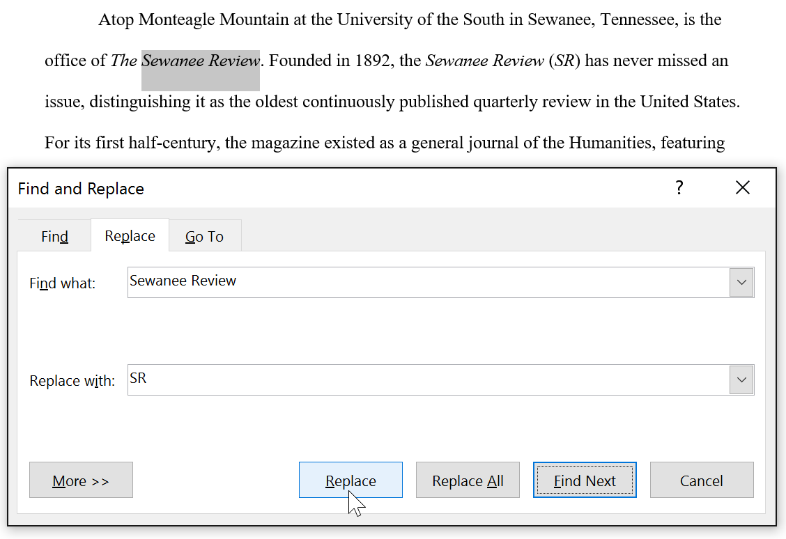 Using find and replace in word