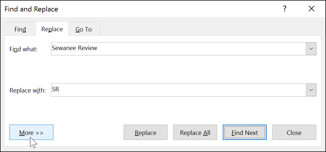 microsoft word find and replace skip