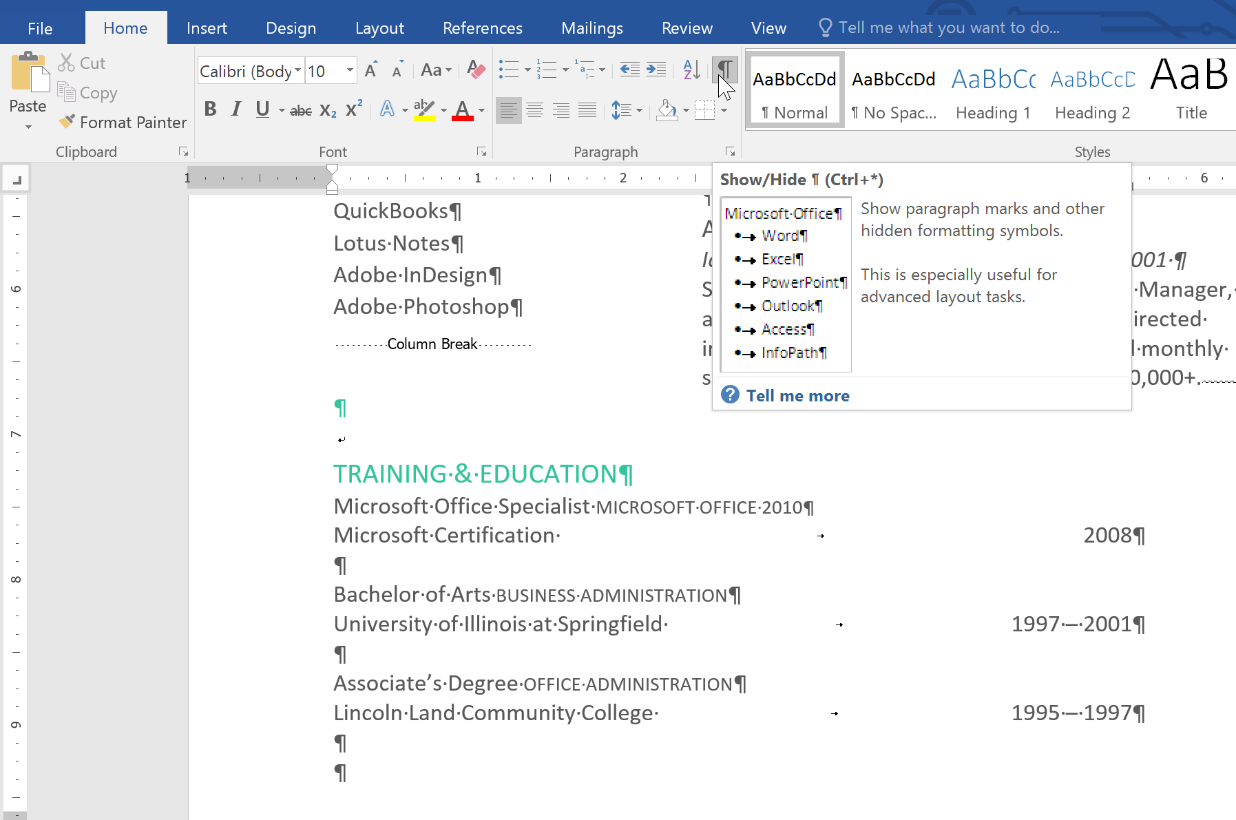 how to hide formatting marks in word 2016