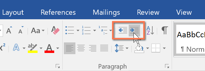 add right indent word 2016