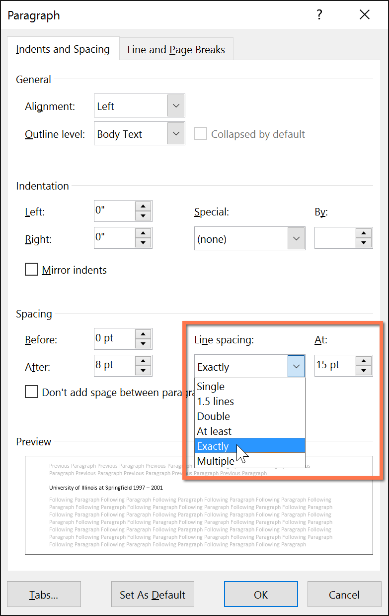 customizing line spacing in the Paragraph dialog box