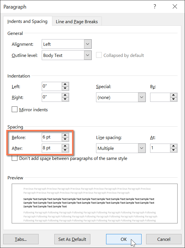 change line spacing in work for mac 2016