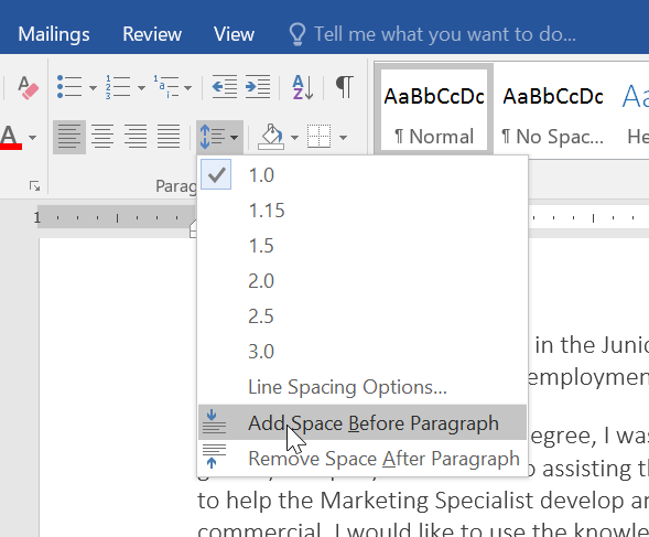 how to change paragraph spacing in word 2016