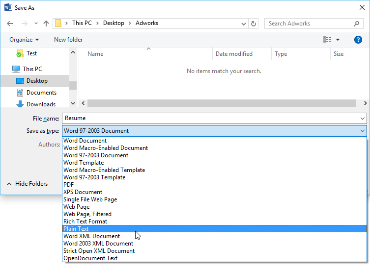 selecting a file type from the Save As Type box drop-down menu