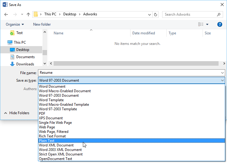 memilih jenis file dari kotak menu drop-down Save As Type