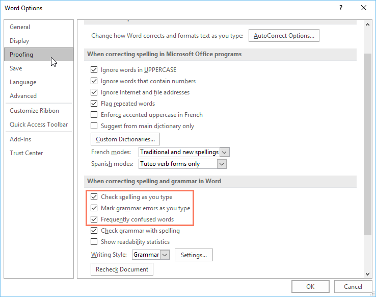 auto spell check in excel 2013