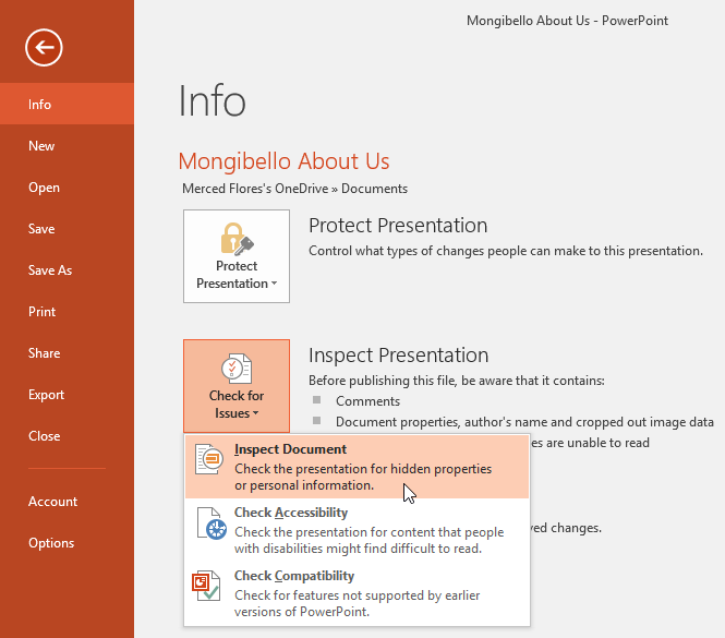 document inspector powerpoint 2016 mac