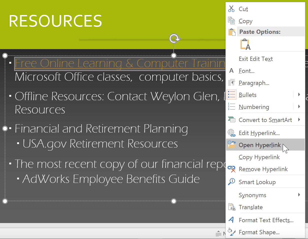 Powerpoint 2016 Hyperlinks