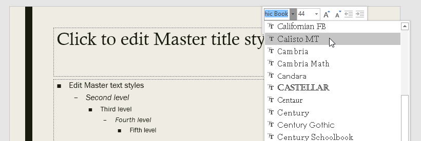 changing the title placeholder font on the Slide master