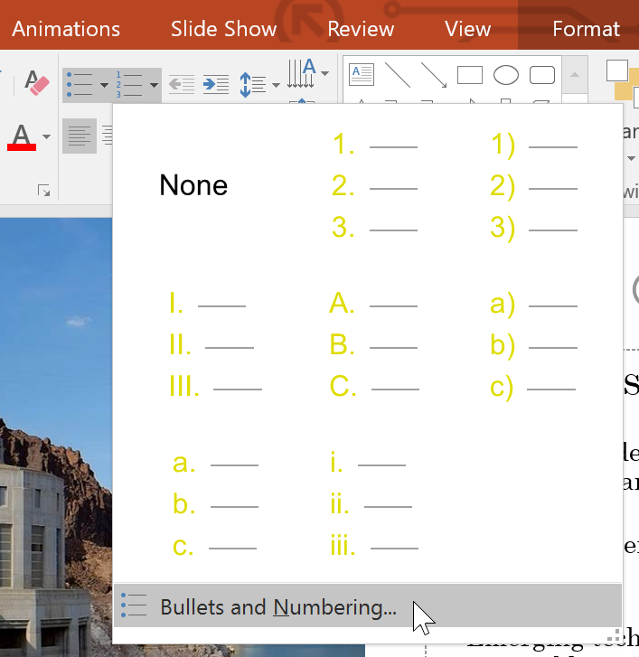 selecting Bullets and Numbering