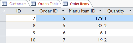The Order ID field links to the Orders table, and the Menu Item ID field links to the Menu Items table