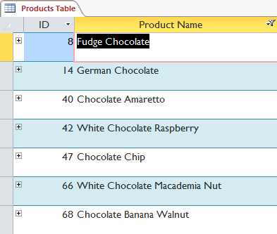 The filtered table showing only records containing "chocolate" in the Product Name field