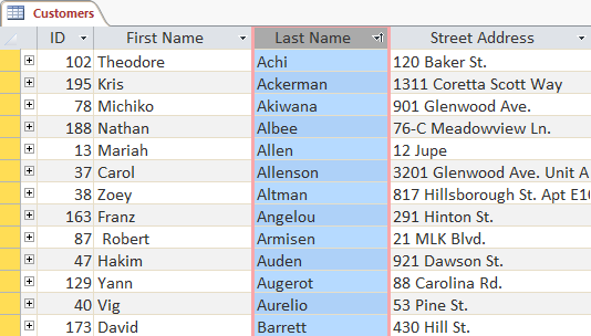 The same table with an ascending sort applied to the Last Name field