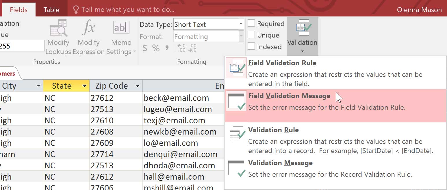 Clicking the Field Validation Message command