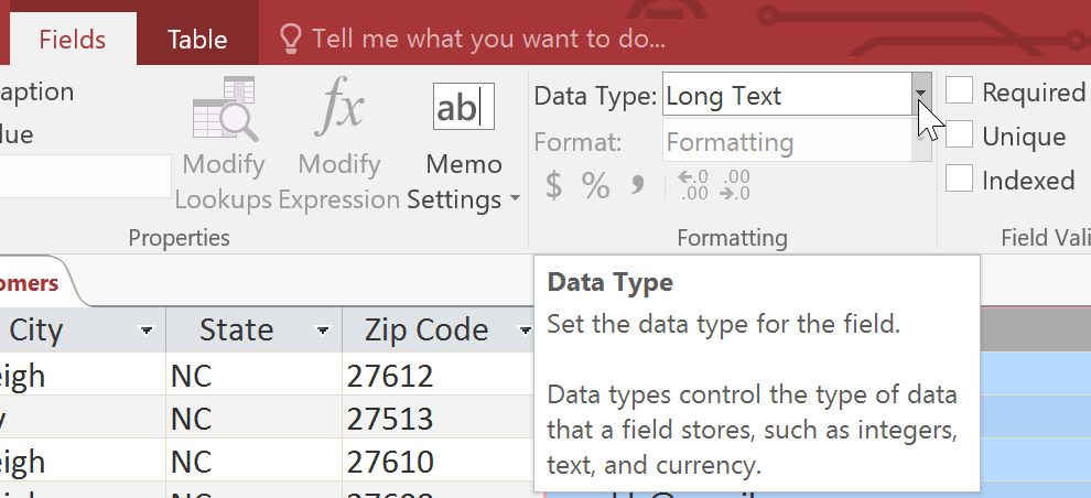 Clicking the Data Type drop-down arrow