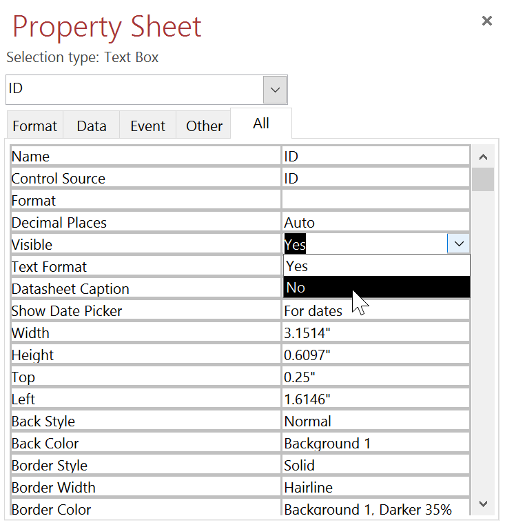 Selecting "No" from the drop-down list in the Visible option