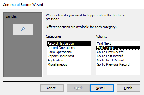 Selecting the type of command button to create