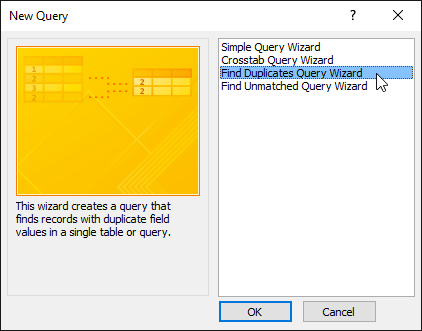 Choosing to create a find duplicates query