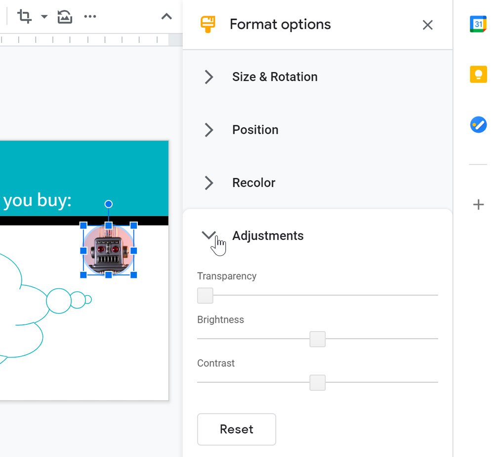 opening the format options pane