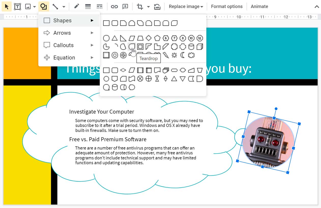 selecting a shape from the shapes menu