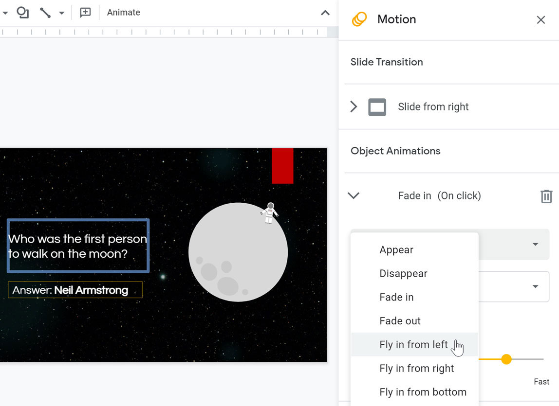 google presentation animation move object