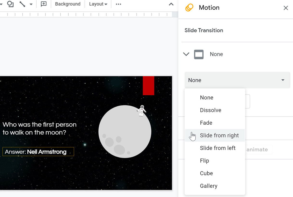 selecting the slide transition