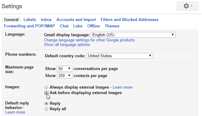 changing the image settings in gmail