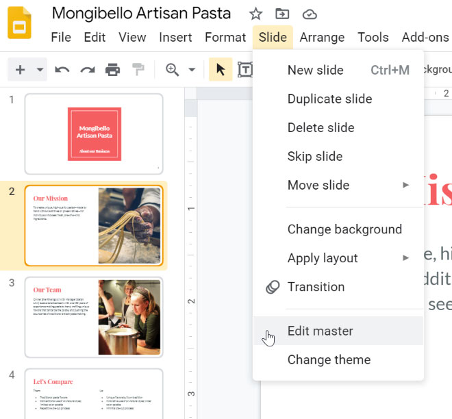 selecting edit master from the slide drop-down menu