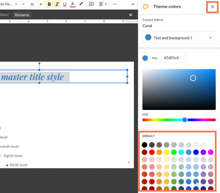 selecting blue for the theme color then close the theme colors pane