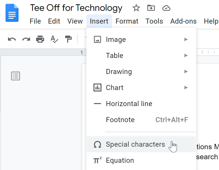 selecting special characters from insert menu