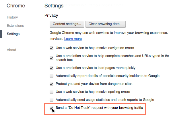 Google Chrome'до Do Not Track функциясын күйгүзүү.
