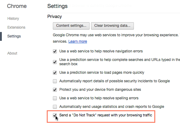 Включение функции «Не отслеживать» в Google Chrome