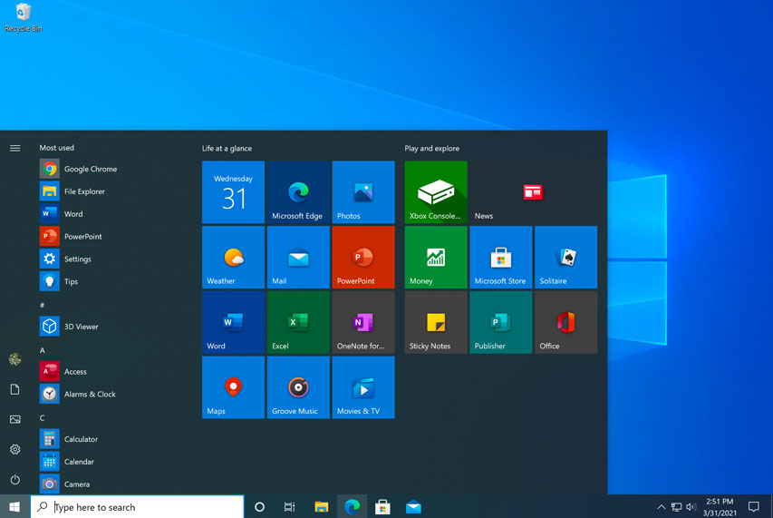 the Windows 10 Start menu