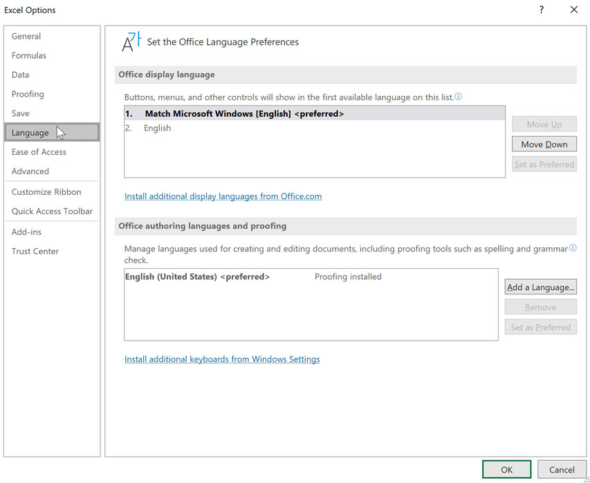 excel for mac language settings