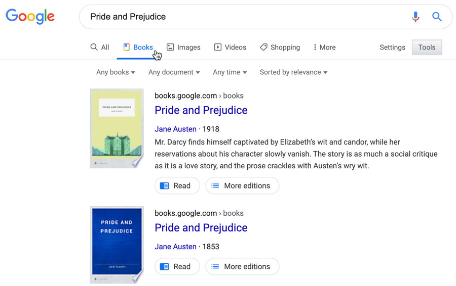 searching Google for Pride and Prejudice by Jane Austen