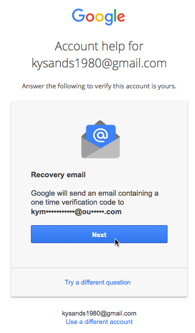 recovery email screen, clicking Next button