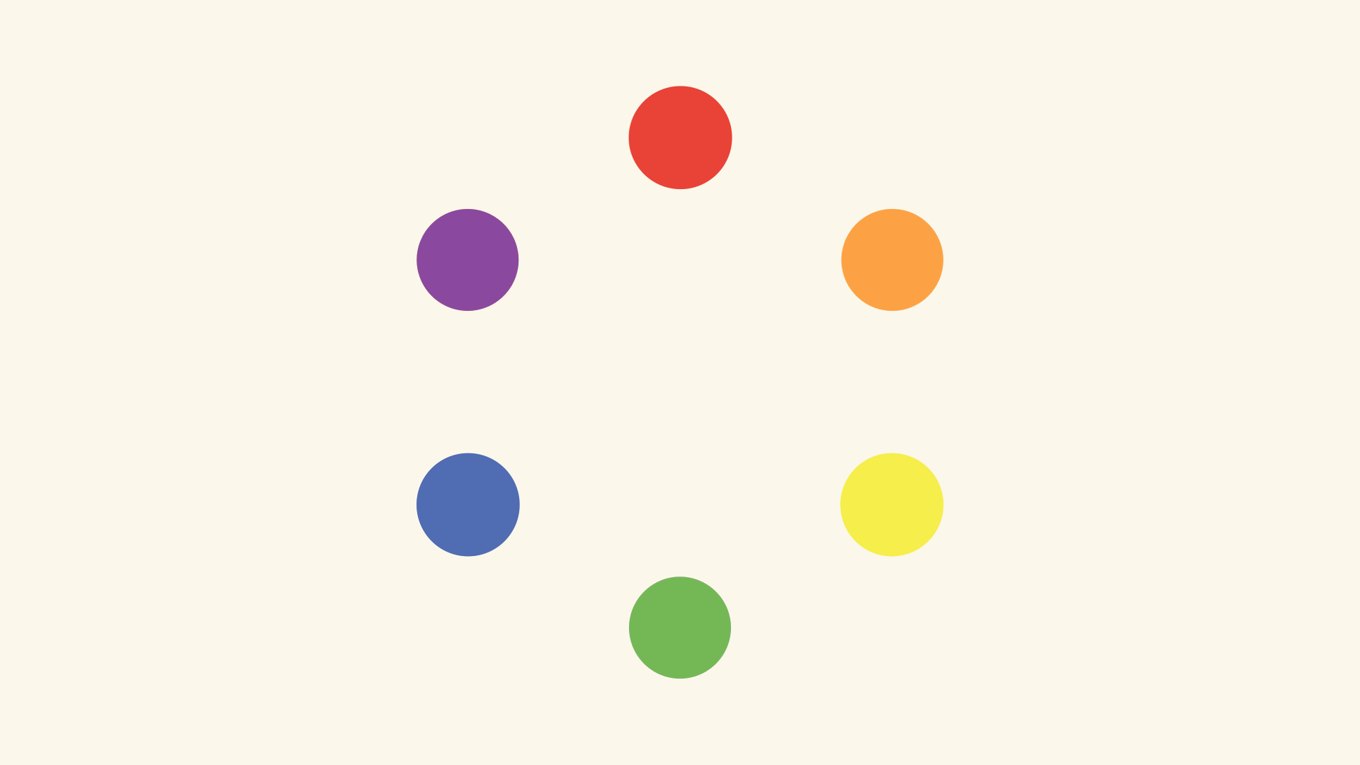 red, orange, yellow, green, blue, purple dots