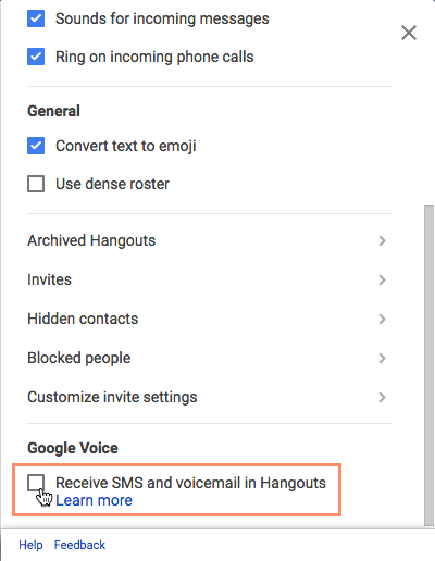 checking Receive SMS and voicemail in Hangouts