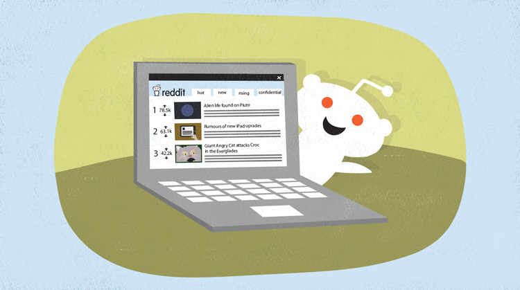 An illustration of the Reddit mascot waving from behind a laptop.
