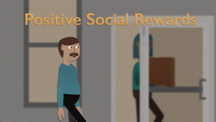 illustration of the text "Positive Social Rewards" with a man about to open the door for someone with their arms full