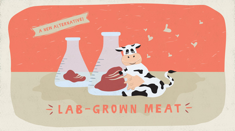 An illustration of a cow hugging a beaker holding lab-grown meat.