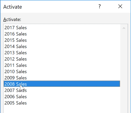 dialog box showing all of the sheets in the workbook