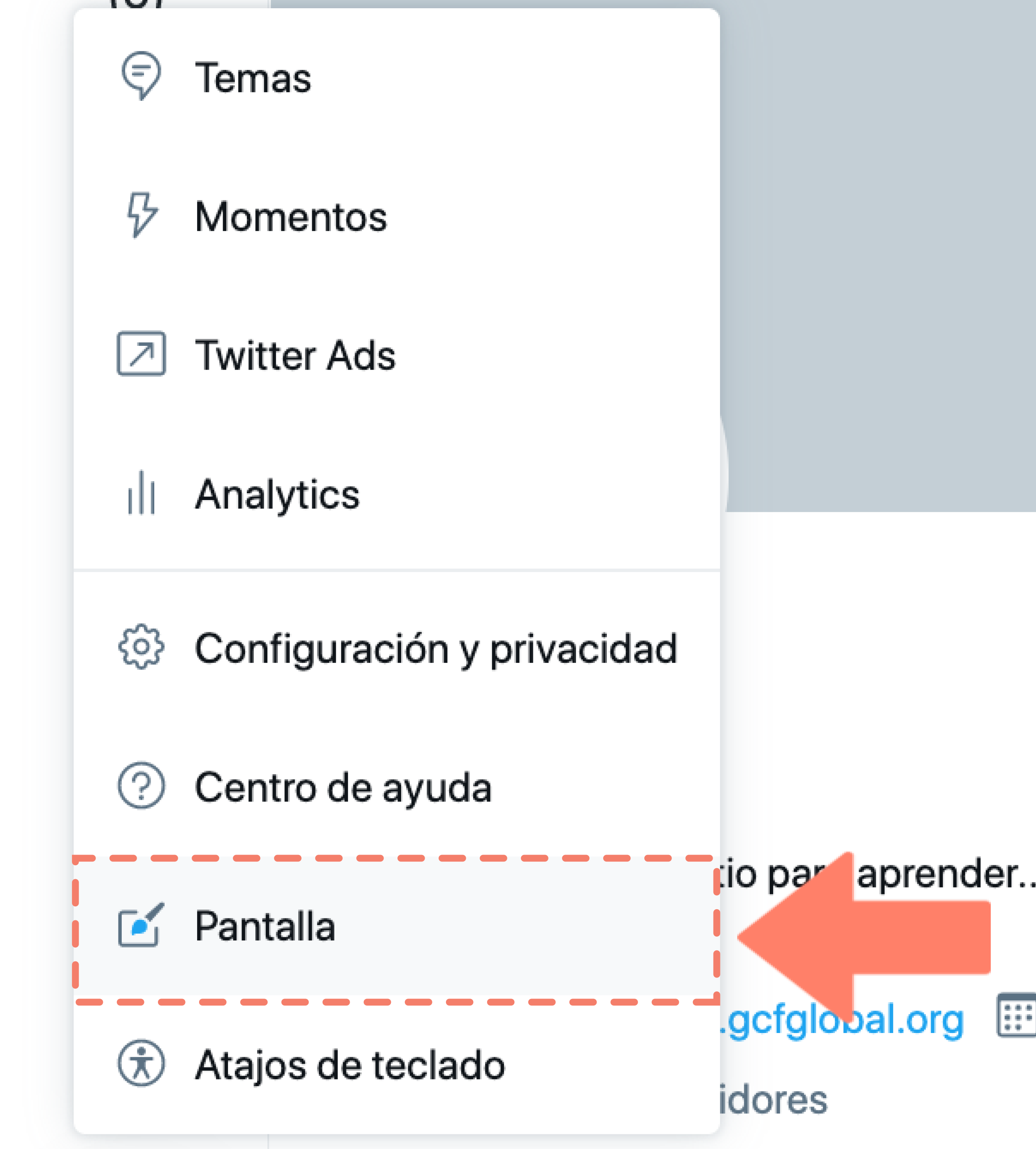 Hacer clic en opción Pantalla, para acceder a las opciones de personalización de interfaz en Twitter.